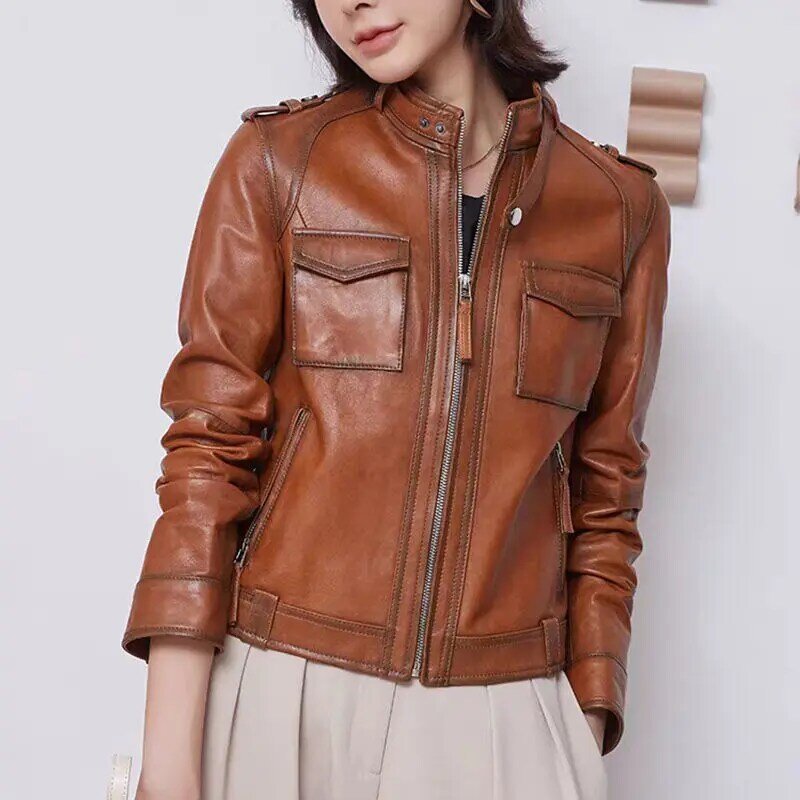 Women's Brown Leather Jacket, Spring Autumn Women's Short Motorcycle Sheepskin Jacket, Leisure Vegetable Tanned Leather Outerwea