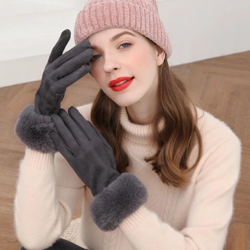 Vrouwelijke Faux Konijn Fur Suède Touch Screen Rijden Handschoen Winter Warm Pluche Dikke Borduurwerk Volledige Vinger Fietsen Mitten H92