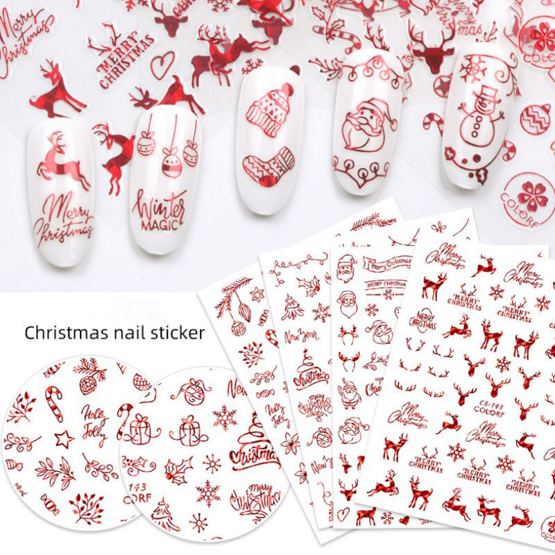 New Fashion 3D Nail Decals Santa Claus White /Gold /Red Back Glue laser Christmas Tree Decal DIY
