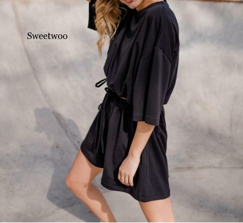 Womens Tracksuits 2 Piece Set Summmer Oversize Sweatshirt + Sporting Shorts Sweat Set Two Piece Outfit Solid Color Sets