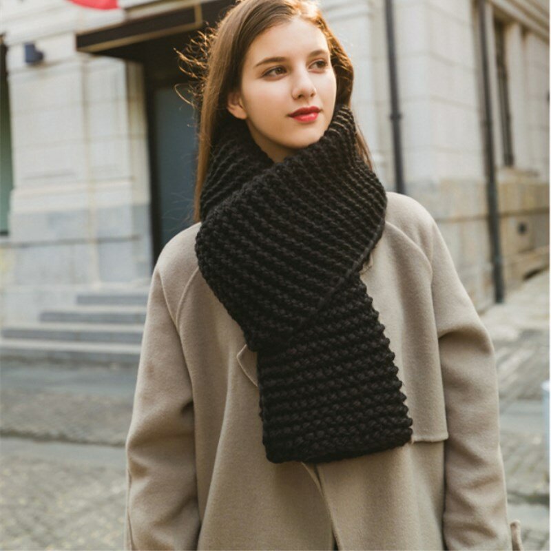 2021 New Coarse Wool Handmade Scarf Female Winter Thickened Solid Color Student Couple Knitted Girl Warm Scarf White