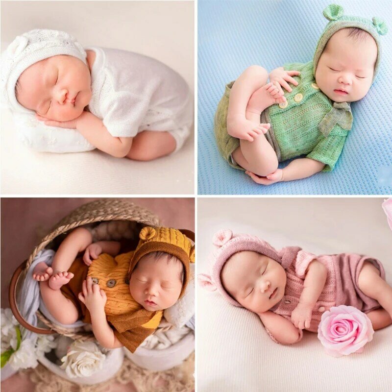 2 sztuk noworodka fotografia rekwizyty garnitur koronki Romper zestaw kapeluszy dzianiny ubranie niemowląt do robienia zdjęć prezenty