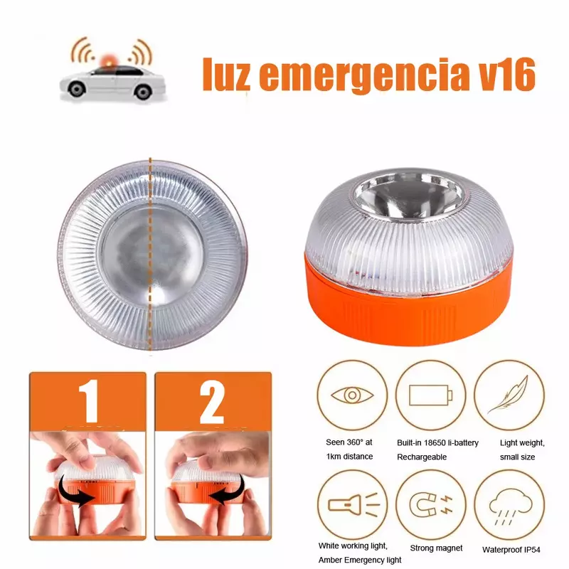 Luz estroboscópica de indução magnética recarregável, Car Emergency Beacon Light, V16 Homologado dgt Aprovado