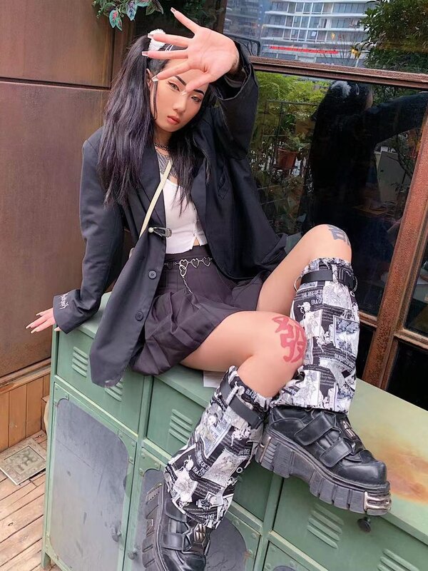 Design original do punk japonês tóquio gueixa padrão revista impressão removível perna mais quente manga perna gótico roupas femininas