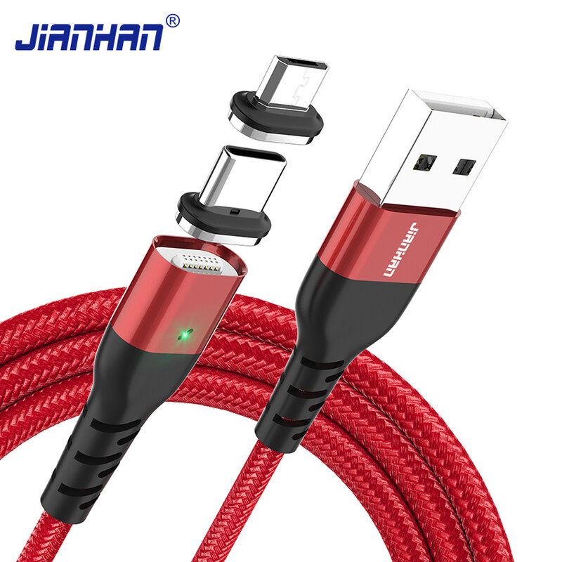 JianHan 고속 충전 마그네틱 케이블, 삼성 샤오미 휴대폰 데이터 케이블, 마이크로 USB 코드, 2 인 1 마그넷 USB 타입 C 케이블