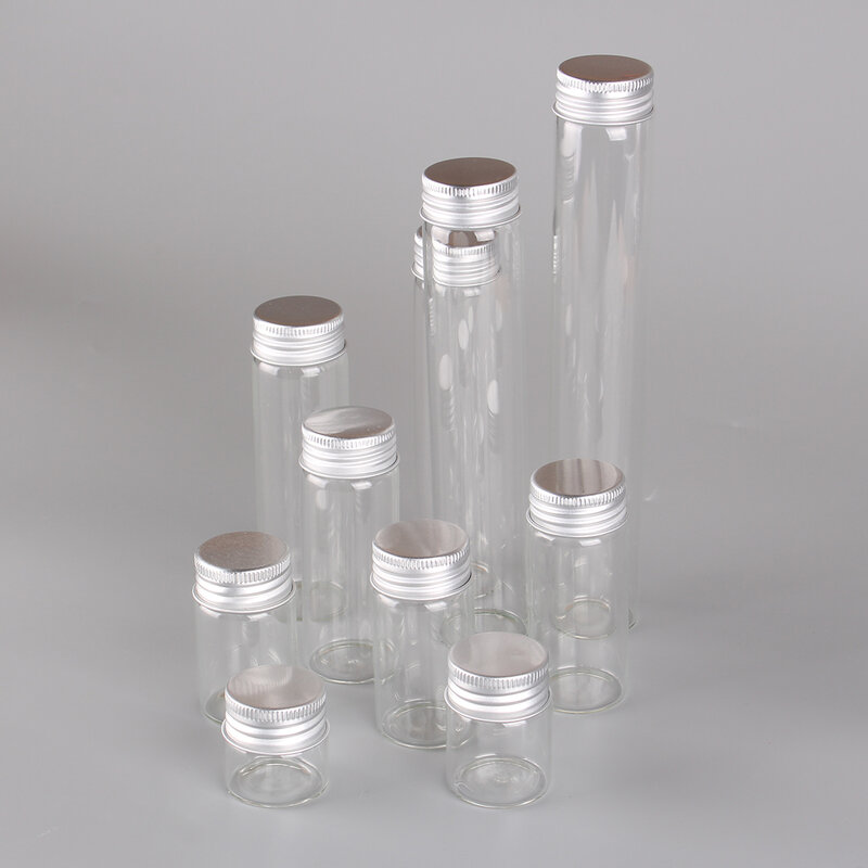 24 sztuk/partia 10ml 15ml 20ml 25ml 30ml 40ml 50ml 60ml 80ml 100ml szklane butelki słoiki z aluminiowymi pokrywkami na ślub sprzyja Art Crafts