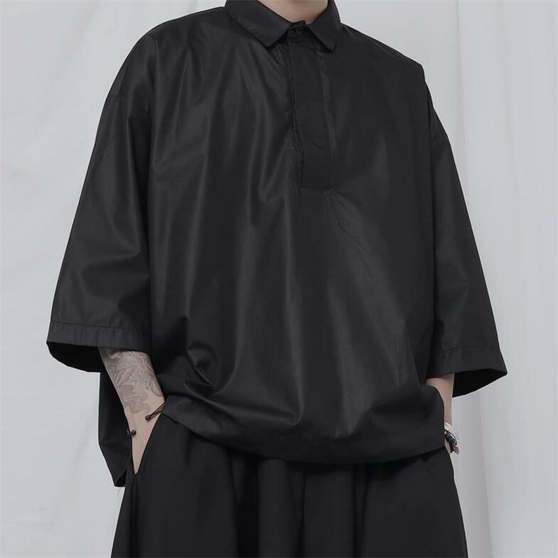 Mannen Korte Mouw Overhemd En Najaar Nieuwe Trui Revers Base Effen Kleur Mode Trend Casual Losse Grote Maat shirt
