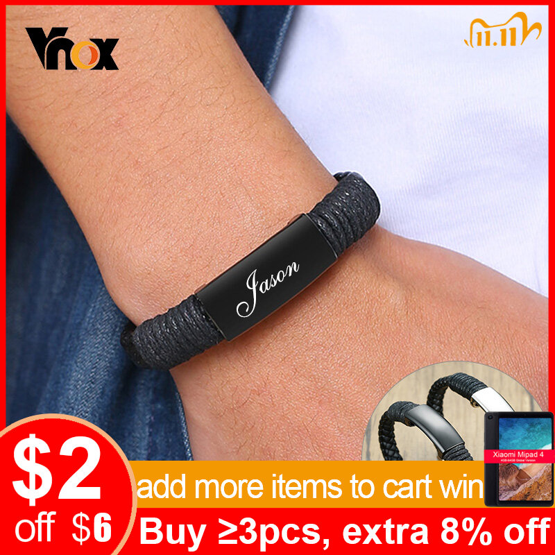 Vnox Personalized Leather Bracelets for Men Smooth Stainless Steel ID Bangle Casual Sport Wristband Custom Birthday Gift