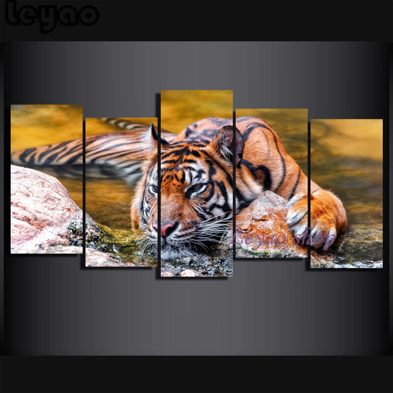Diy 5d pintura diamante tigre sumatran diamante bordado ponto cruz animal redondo completo quadrado broca casa decoração presente 5 pçs/set