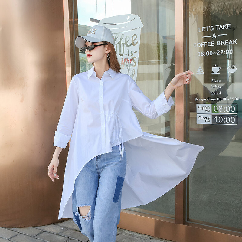 Blusas y Tops irregulares de algodón para mujer, camisa informal de manga larga, Color sólido, para otoño, Europa