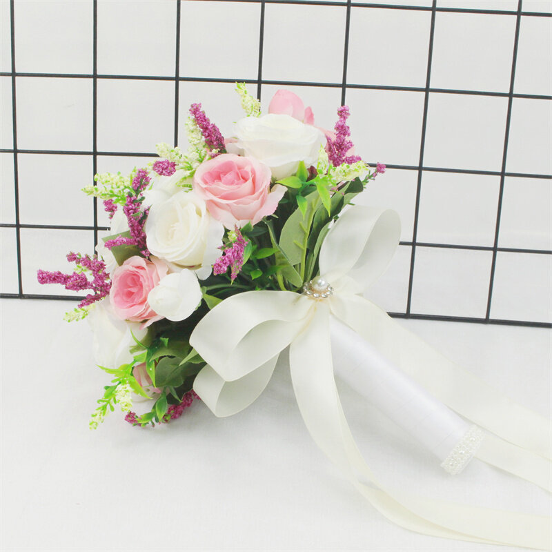 Ramo de novia para dama de honor, flor Artificial hecha a mano, flores de seda rosa, ramo de novia para decoración de boda
