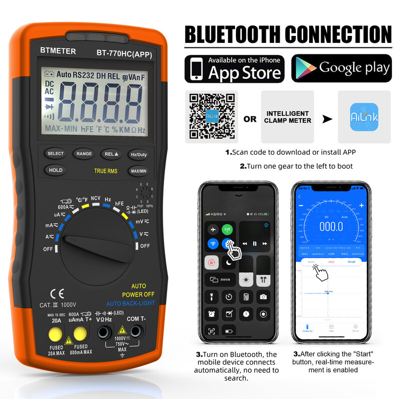 Цифровой мультиметр BTMETER Φ True RMS, 6000 отсчетов, автоматический выбор диапазона, напряжение постоянного и переменного тока с беспроводным Bluetooth APP