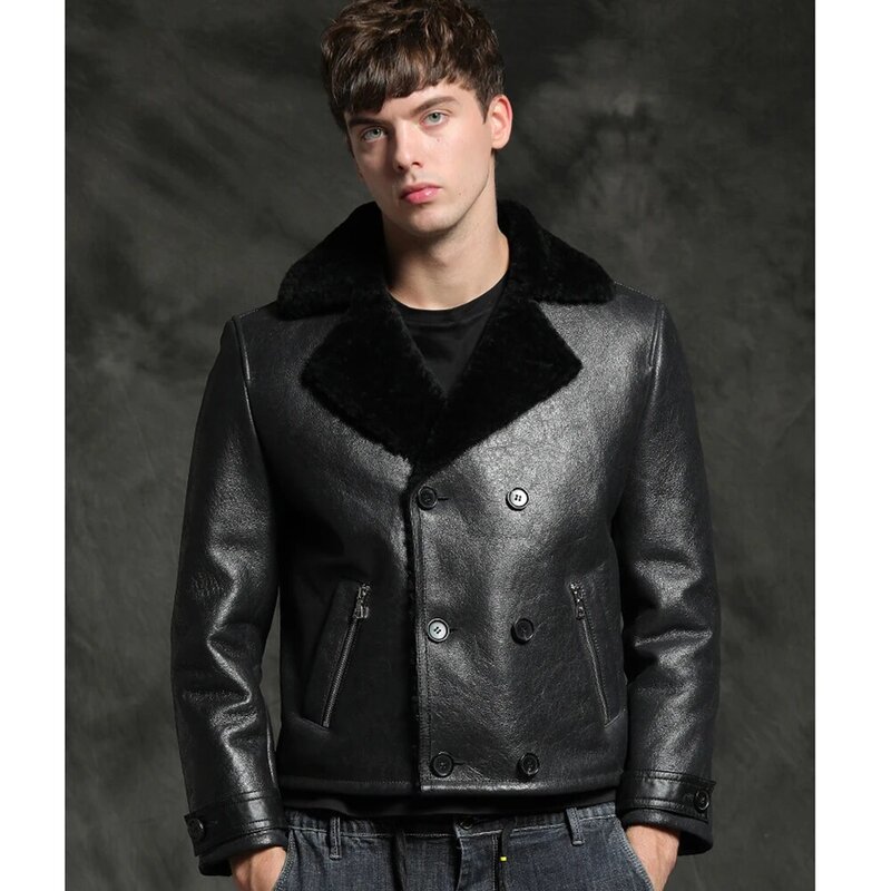 男性用の本物のシープスキンファーのコート,短い黒の天然の厚い冬の毛皮の服,本革のフォーマルスーツの服