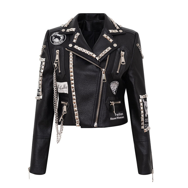 Куртка женская короткая с заклепками, приталенный мотоциклетный пиджак с принтом букв в стиле панк, короткая верхняя одежда из искусственной кожи с заклепками