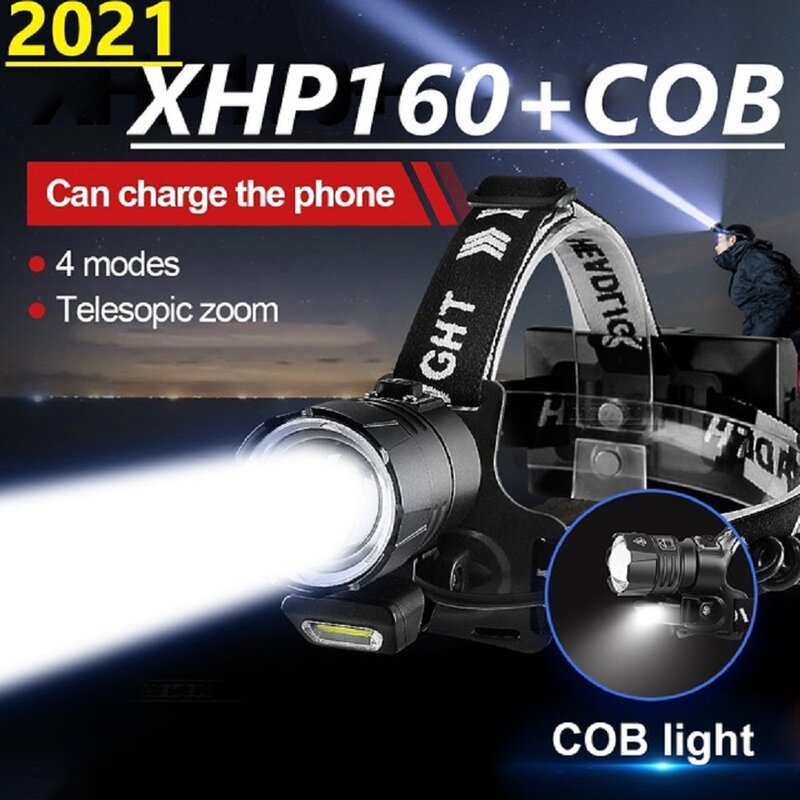 Налобный фонарь, Светодиодная лампа высокой мощности XHP160 XHP100 XHP90.2, с аккумулятором 18650 градусов