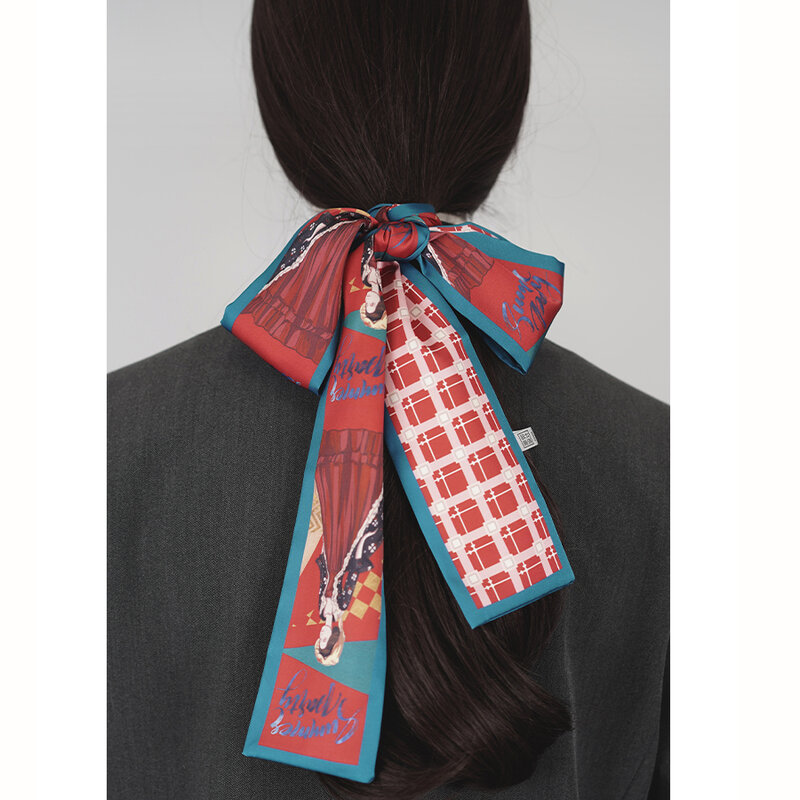 Luna&Dolphin European Style Women Skinny Scarf Queen Geometry Print Hair Tie Formal Dress Ribbon Headbands Wide Streamer
