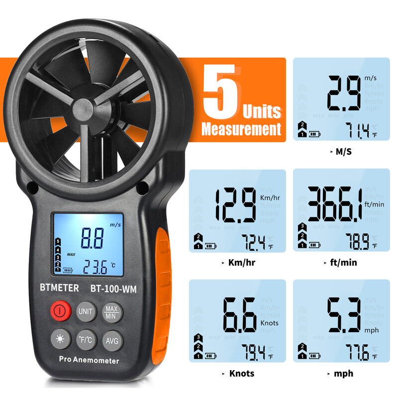 BTMETER BT-100-WM Digital-Anemometer Barometer Handheld, für Wind Geschwindigkeit Temperatur Wind Chill Tester Feuchtigkeit