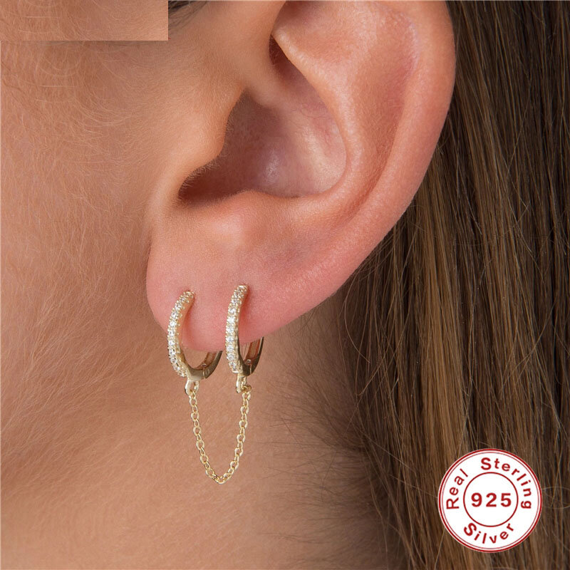 925 Sterling Silver 1 PCS Double Circle Hoop Earring Long Chain Earrings for Women Statement Jewelry Elegant Earring SCE1678