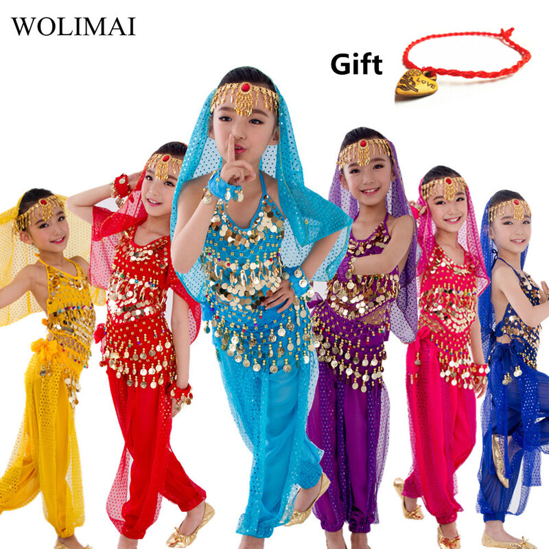 Kids Belly Danceเครื่องแต่งกายชุดOrientalหญิงเต้นรำหน้าท้องเต้นรำอินเดียBelly Danceเสื้อผ้าBellydanceเด็กอินเดีย6สี