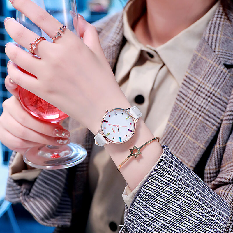 Gemstone Ladies WristWatches Genuine Leather Strap Modern Stylish Light Luxury Business Clock