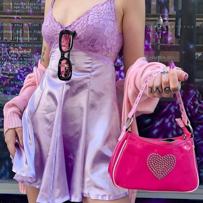 Sweet Girls Cute Kawaii Pink Baguette Bag Women 90s Vintage Rhinestone Heart Mini Handbag Chic Patent Leather PU Axillary Pouch