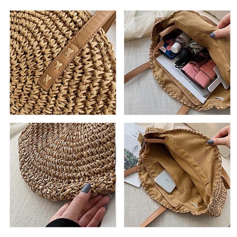 Bolsos de hombro informales, bolsas de mano en paja, de forma circular y gran capacidad, bolsos de verano femeninos ideales para ir a la playa, diseño bohemio redondo