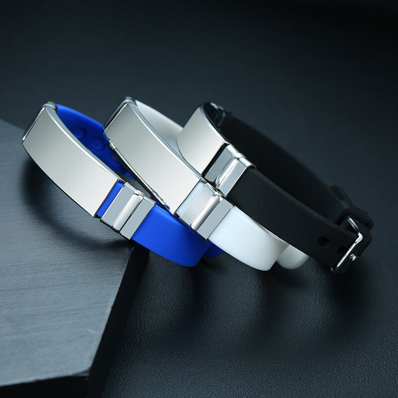 Vnox-Bracelet décontracté en silicone pour hommes et femmes, service de gravure personnalisé, étiquette d'identification en acier inoxydable, bijoux unisexes personnalisés