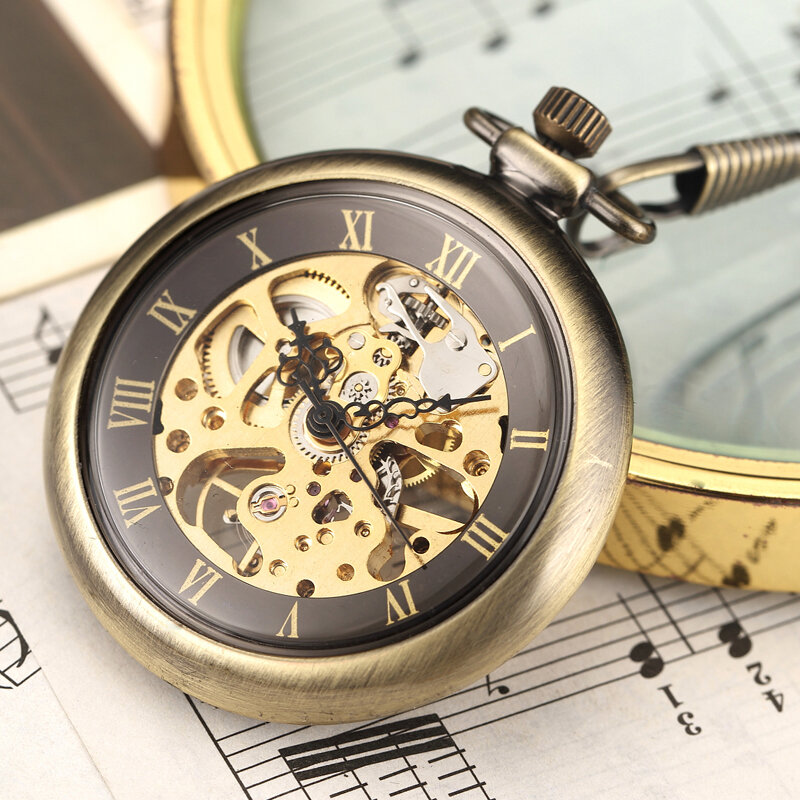 ساعة جيب من الفولاذ الفضي ، ساعة يد ميكانيكية شفافة ، هيكل عظمي فريد ، سلسلة فوب