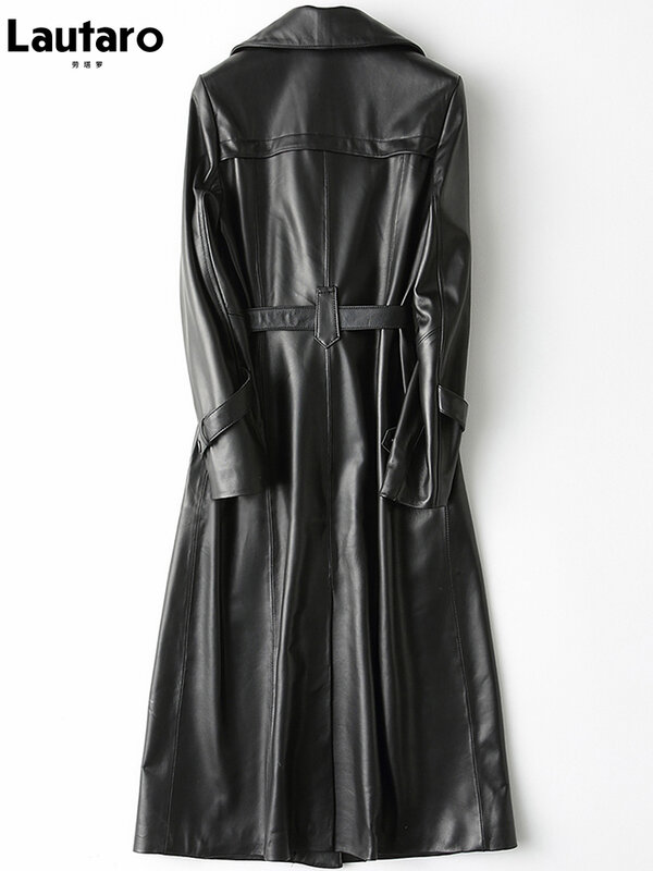Lautaro 여성용 긴 블랙 PU 가죽 트렌치 코트, 긴팔 벨트, 우아한 영국 스타일 패션 2021, 4xl, 5xl, 6xl, 7xl