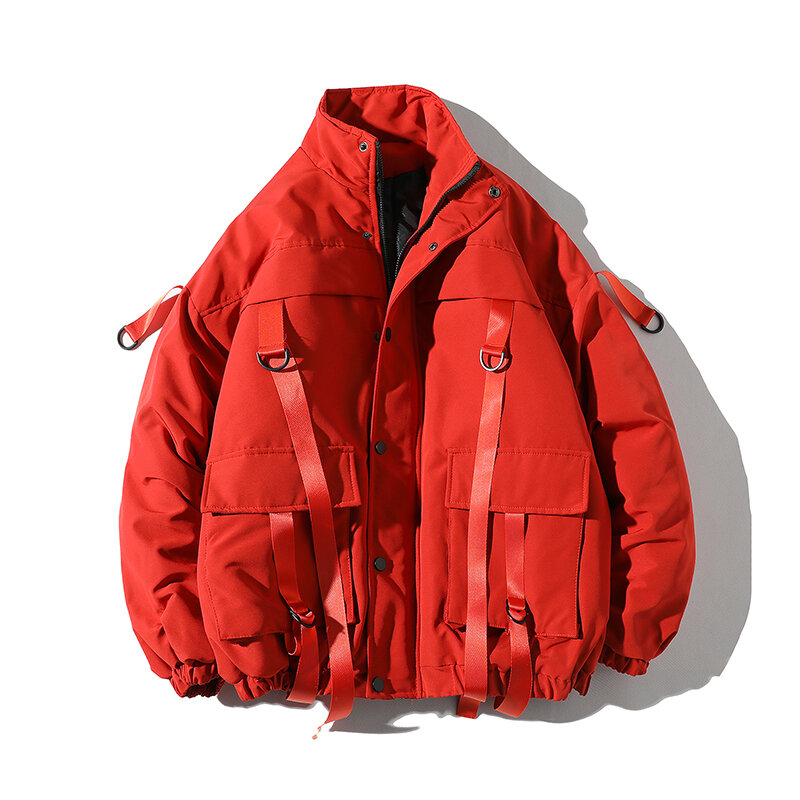 新しいリボンポケット冬ジャケット男性厚いヒップホップストリートパーカー男性コートカジュアルメンズジャケット男性服usサイズ