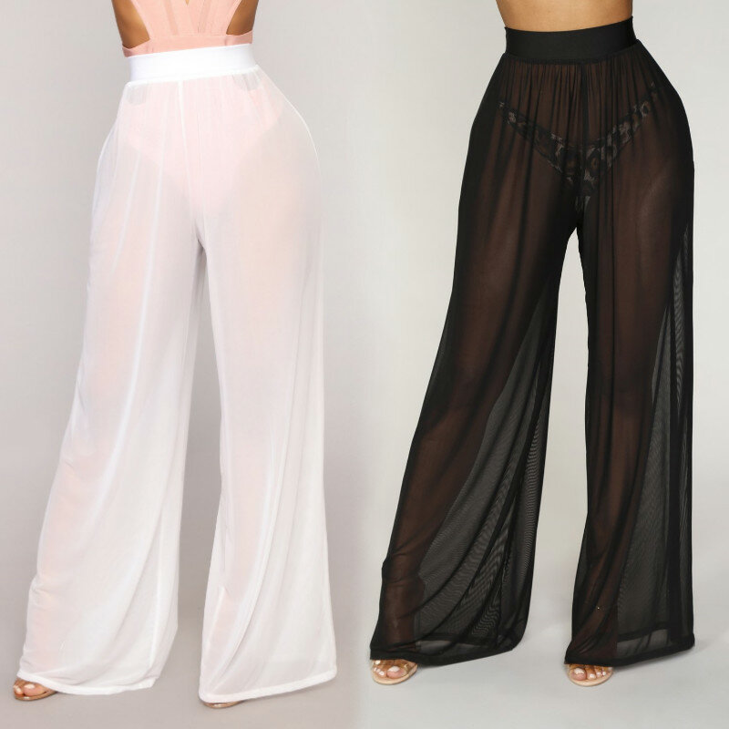 Pantalones largos holgados de cintura alta para mujer, ropa de playa de malla transparente, parte inferior de Bikini