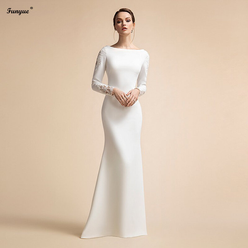 Eleganckie proste suknie ślubne syrenki z długimi rękawami muzułmańskie suknie ślubne dla panny młodej satynowe koronki Vestidos De Novia 2024