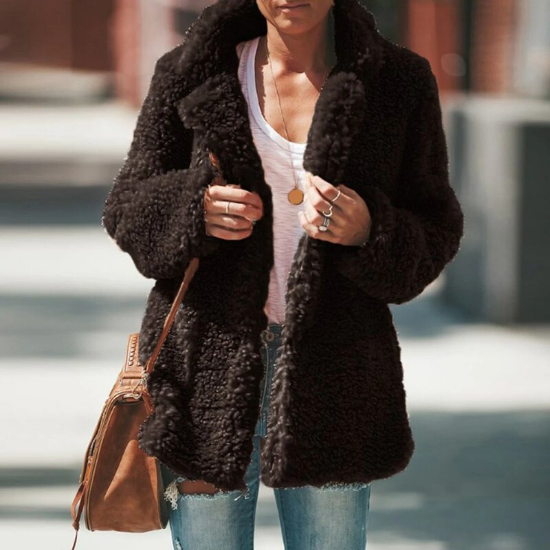 Пушистые плюшевые пальто из искусственного меха с воротником с лацканами и длинным рукавом 2020 зимние женские длинные куртки с открытой передней частью теплая верхняя одежда Повседневный Кардиган