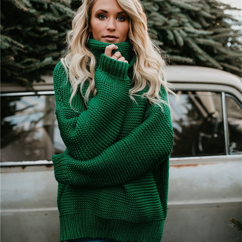 Женская водолазка с длинным рукавом толстый вязаный пуловер свитер Зима