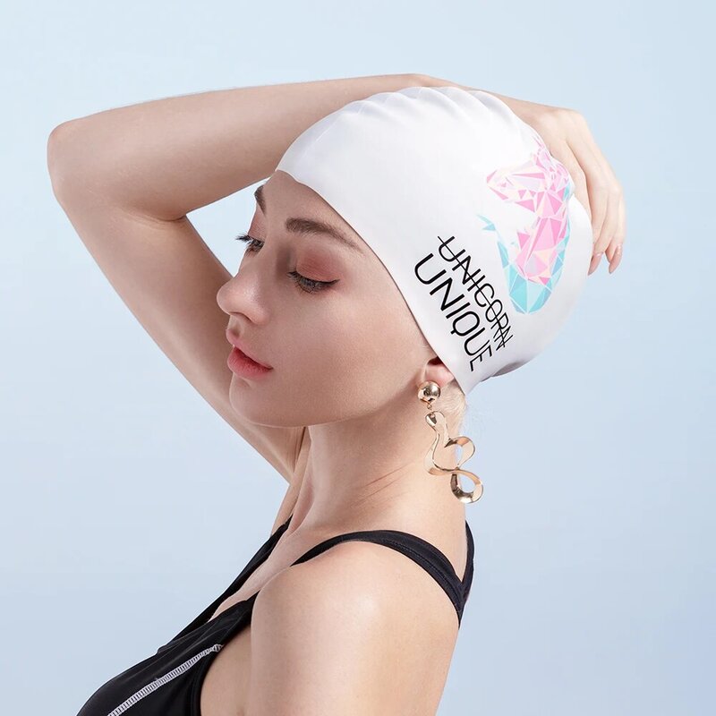 COPOZZ Unisex Printed Swim Cap Waterproof Silicone Swimming Hat for Men Women Ear Protection Pool Accessories Adult Youth Sports