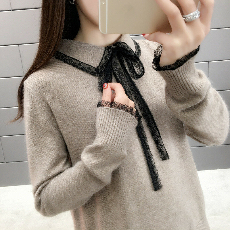 Fall 2020 Women Turn-down Collar Loose Knitted Sweater Elegant Lace-up Women Sweater and Pullovers  Female Sweater Jumpers