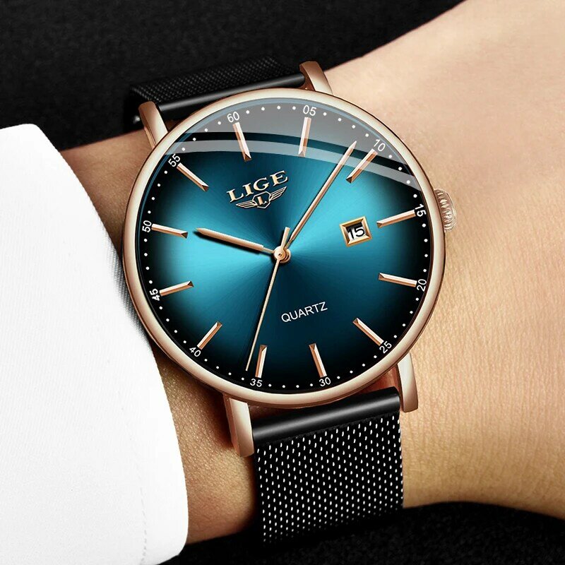 LIGE แฟชั่น Luxury Blue นาฬิกากันน้ำ Ultra Thin Date เรียบง่าย Casual Quartz นาฬิกาผู้ชายกีฬานาฬิกา