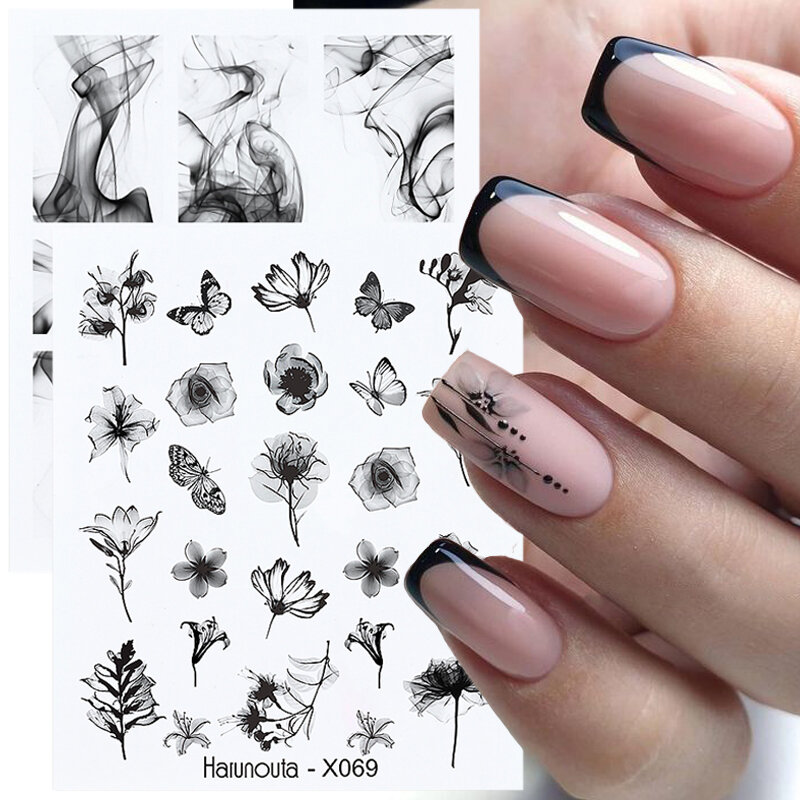 Harunouta – autocollants à motif marbré, lignes noires, feuille de fleur, eau, thème vert Simple, curseur pour décoration des ongles, nail Art