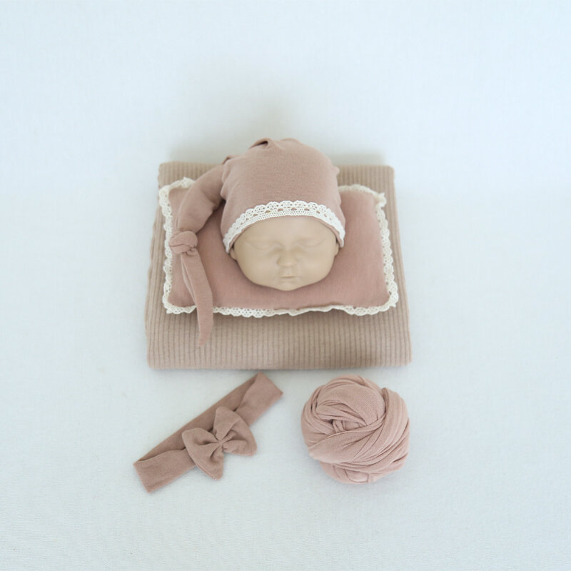 Manta de punto para recién nacido, conjunto de cinco piezas de diadema y sombrero de almohada hechos a mano, accesorios de estudio de fotografía para Sesión de bebé