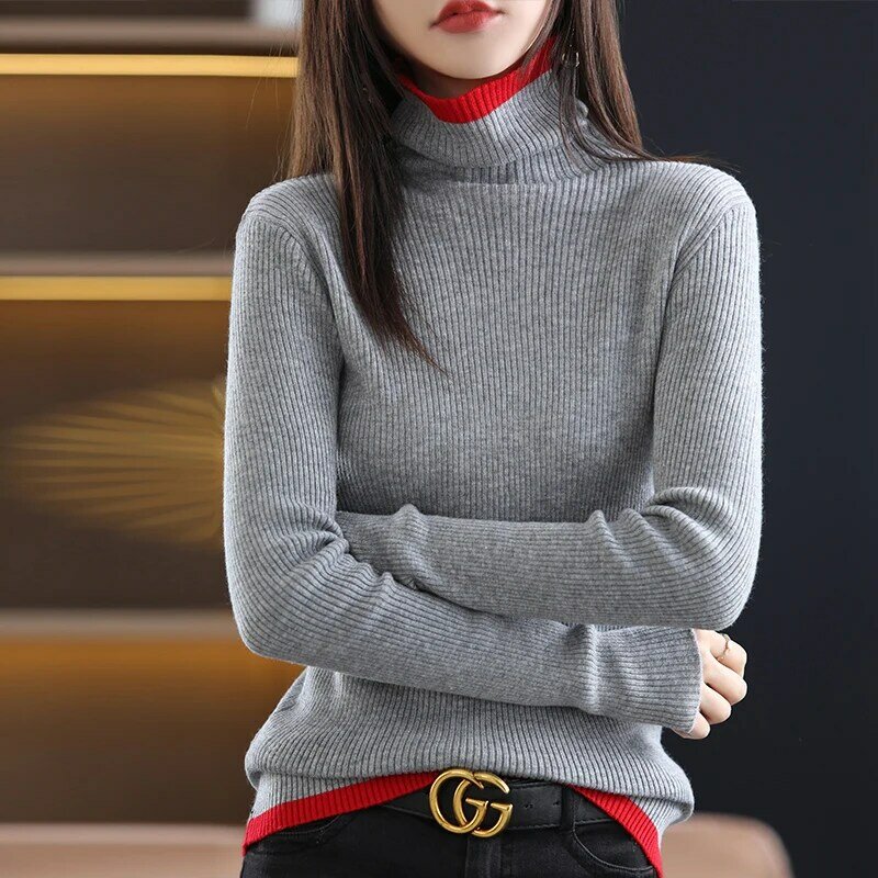 Sweter Pullover Leher Tinggi Wanita Kasmir Lembut Musim Gugur untuk Musim Gugur/Dingin 2021 Gaya Korea Busana Ramping Pullover Bergaris