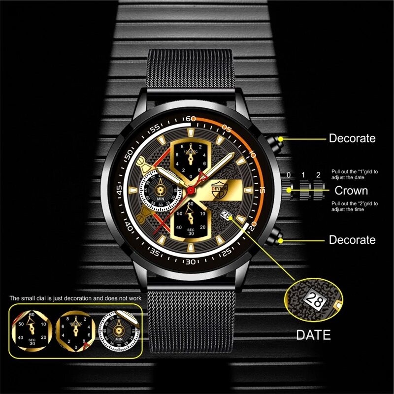 หรูหรานาฬิกาสแตนเลสแบบแอนะล็อกควอตซ์ปฏิทินนาฬิกาส่องสว่างแฟชั่นผู้ชายธุรกิจนาฬิกาข้อมือ Montre Homme