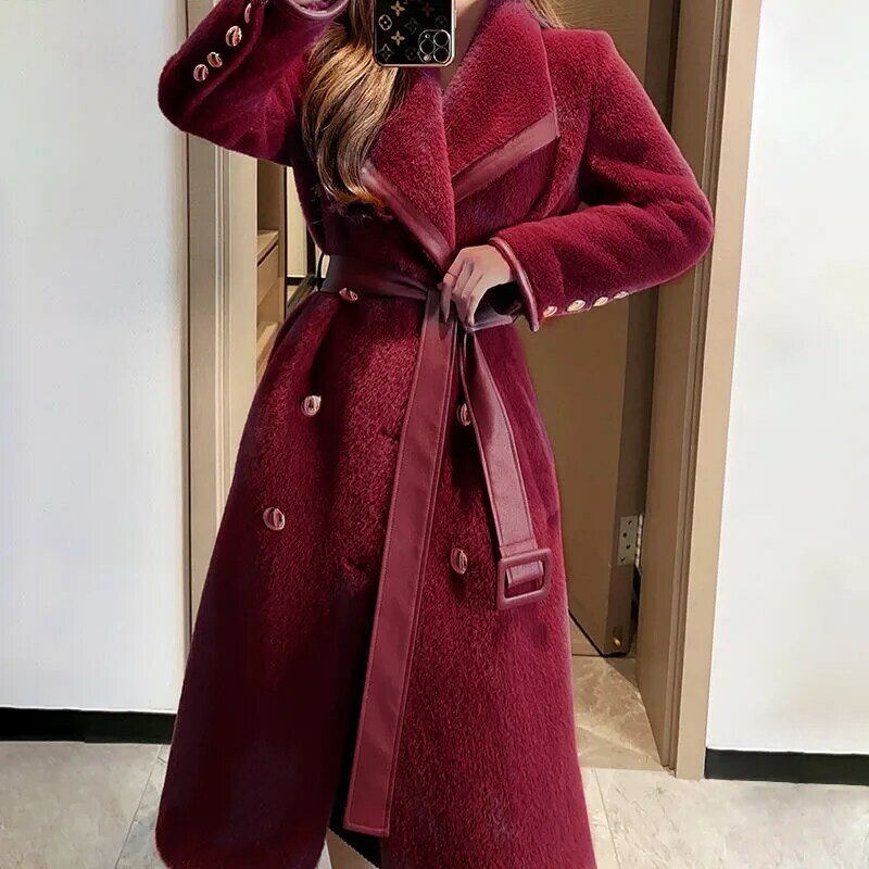 Elegante fuax casaco de pele feminina 2022 outono inverno lapela couro do plutônio cinto casaco botões quente longo oversized pele outerwear novo