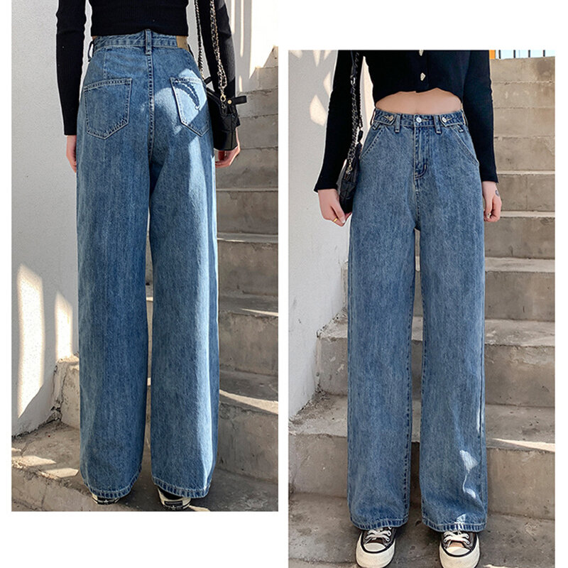 Женские джинсы, уличные штаны с высокой талией, светло-голубые хлопковые корейские модные свободные джинсы, широкие женские джинсы с металл...
