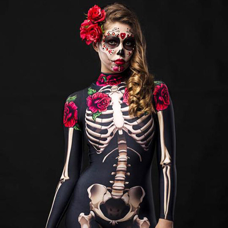 Disfraces de Halloween para adultos, niño, madre e hija, esqueleto, rosa, Calavera Sexy, traje de Cosplay de miedo, mono con estampado 3D para niña