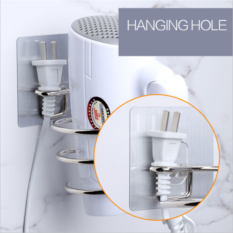 Hair Dryer Holder Blower Organizer Adhesive Wall Mounted Nail Free No Drilling Stainless Steel Spiral Stand Storage For Bathroom