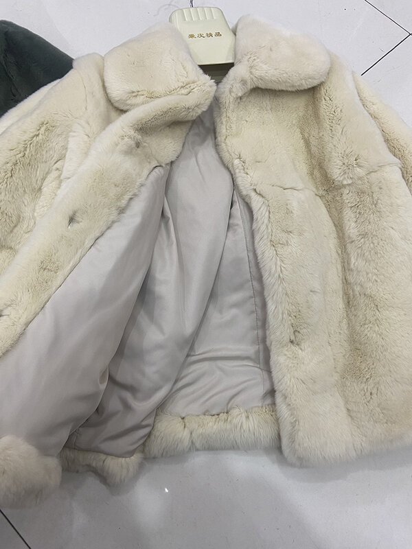 New Arrival kobiety zimowe ciepłe Super miękkie wysokiej jakości biały szary prawdziwe naturalne królik Rex kurtka płaszcz królik Rex futro kołnierz