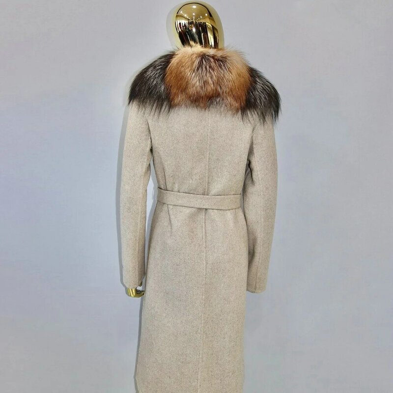 2022 zima nowy długi wełniany mieszanki płaszcze z długim kołnierz z futra lisa naturalna kobieta prawdziwe futro z lisa kaszmirowy płaszcz ciepła odzież wierzchnia kobieta