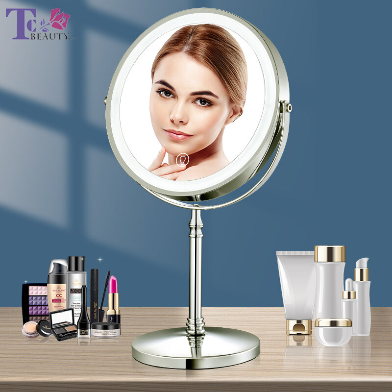 USB Carregamento Espelho de Maquiagem com Luz, Ajustável Backlit Vanity Mirror, Standing Cosmetic Mirror, 10X Ampliação, Ouro, 8"