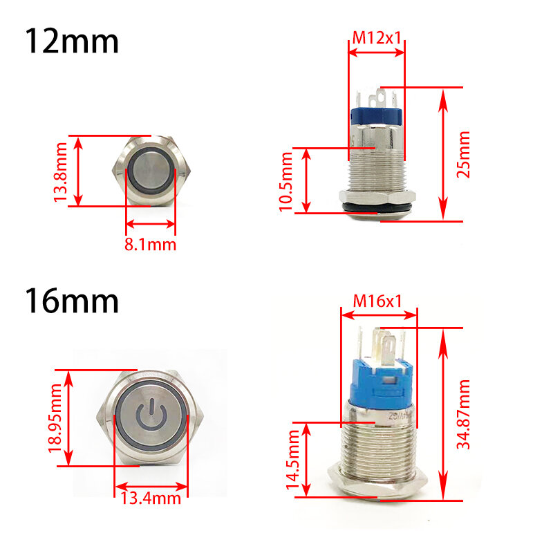 Metal Push Button Switch Momentary/Latching Led Backlit 5/12/24/220V With Fixation Power Start Stop Turns On/Off Diy Electronic