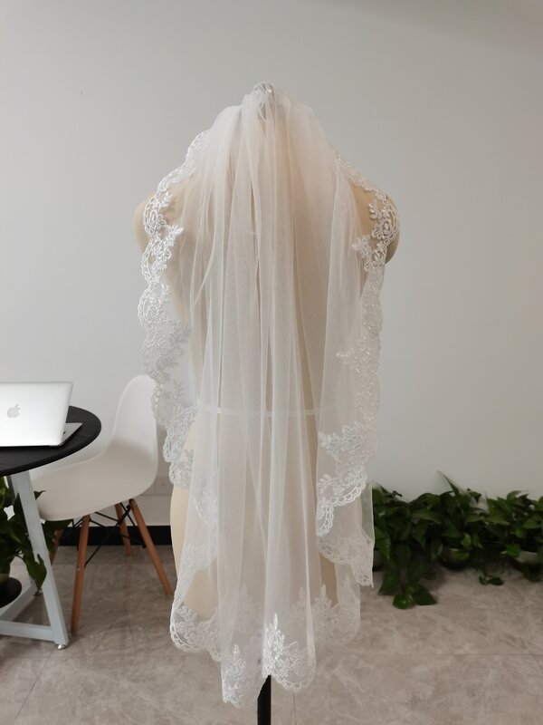 Renda Edge Bridal Wedding Veil Putih/Gading Satu Lapisan Siku Panjang Pernikahan Kerudung dengan Sisir Bridal Veil